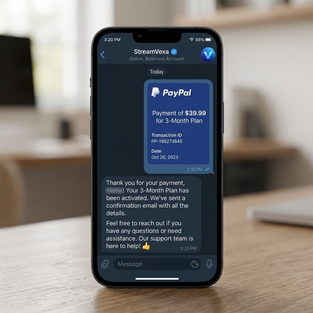 Premium Activation - Step 2: Chat on Telegram | StreamVexa Setup