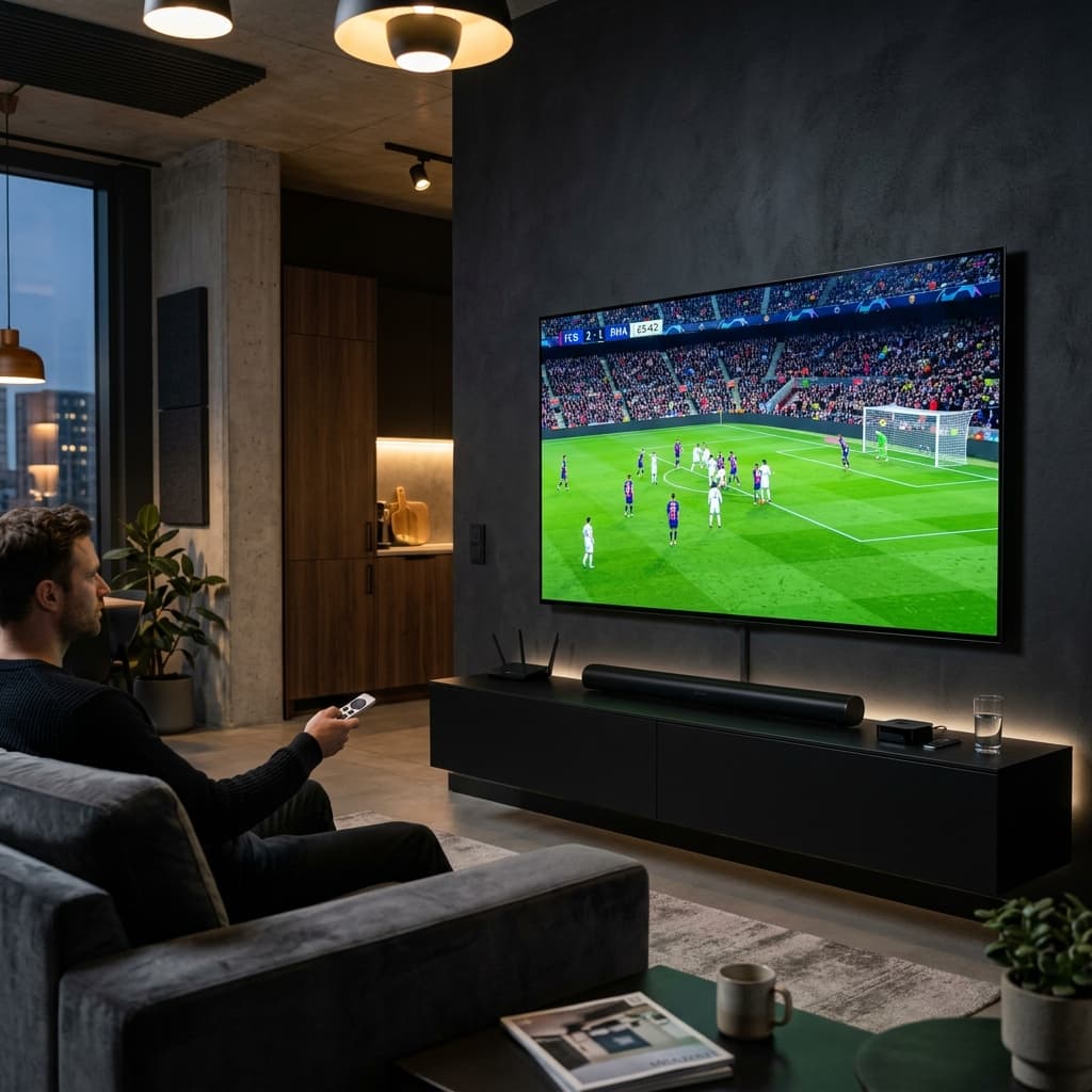 Apple TV Live Sports Streaming Guide 2026 A sophisticated Apple TV 4K setup in a modern living room securely playing live soccer in breathtaking 4K quality.